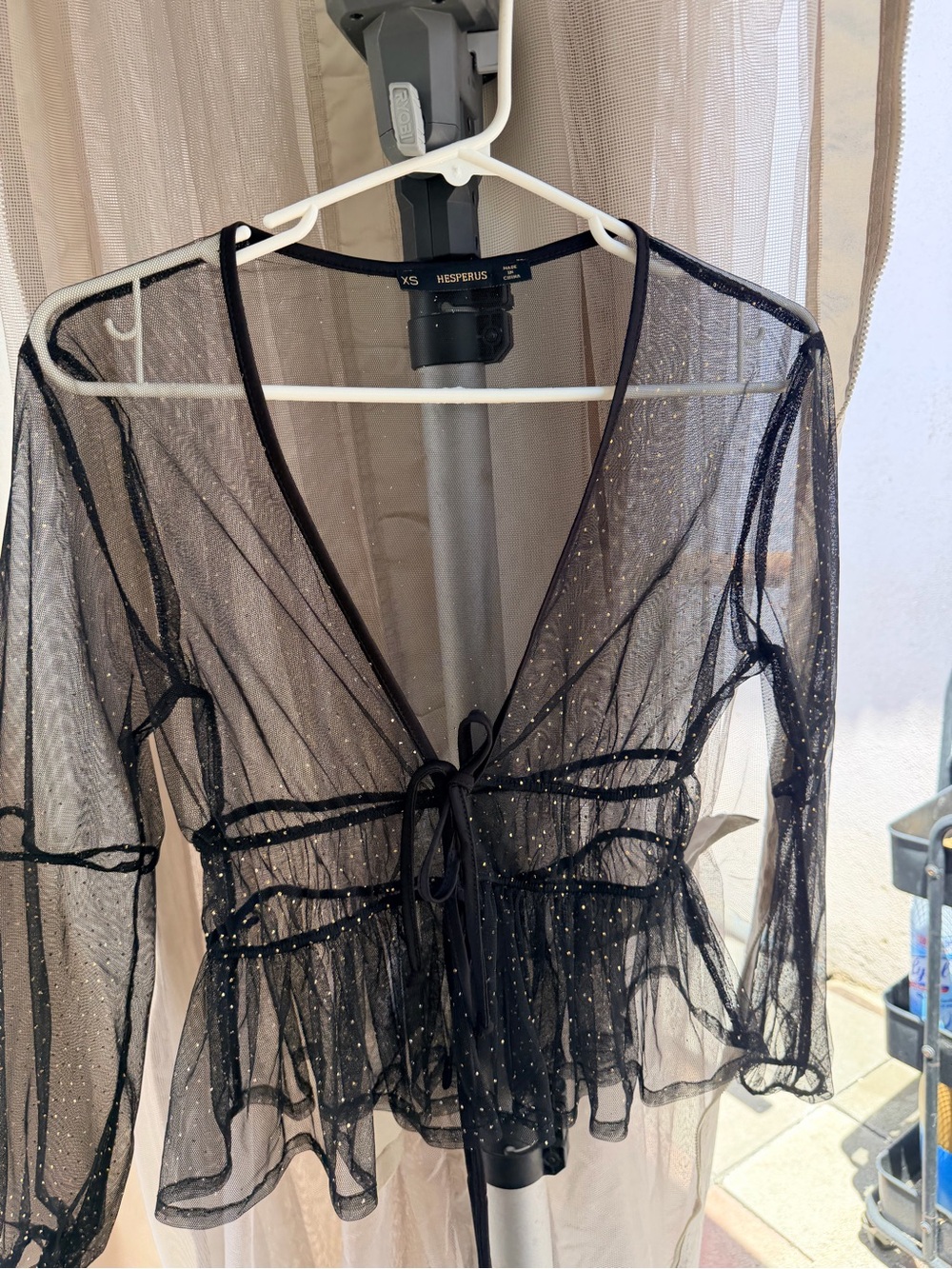 Hesperius Black Sheer Mesh Tie-Front Blouse with Metallic Dots